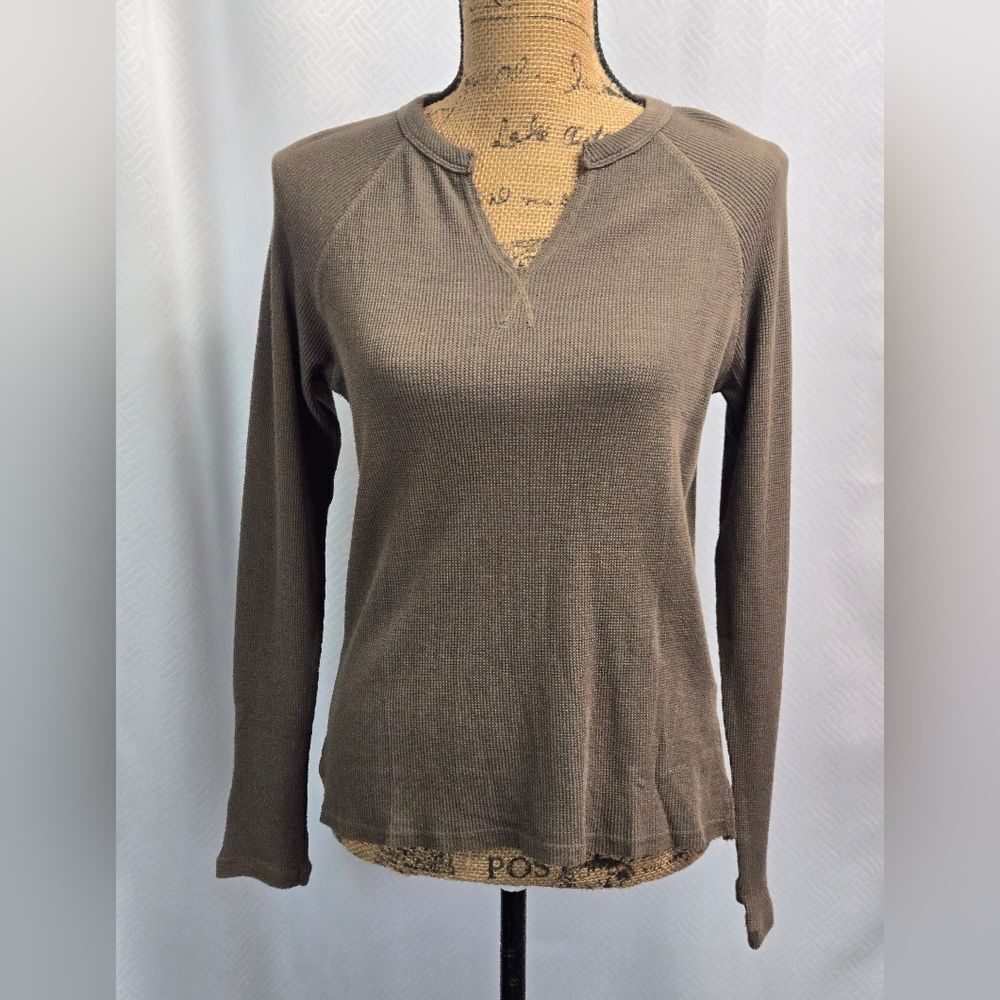 Bobi Long Sleeve V-Neck Waffle Knit Thermal Sz XS Olive Tree